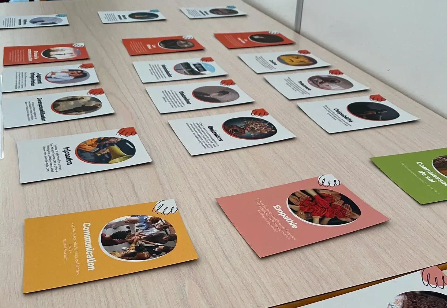 Cartes colorées de la Fresque de la Performance Collective disposées sur une table, représentant des leviers comme l’écoute, la communication, l’empathie ou la coopération. Cartes colorées de la Fresque de la Performance Collective disposées sur une table, représentant des leviers comme l’écoute, la communication, l’empathie ou la coopération.